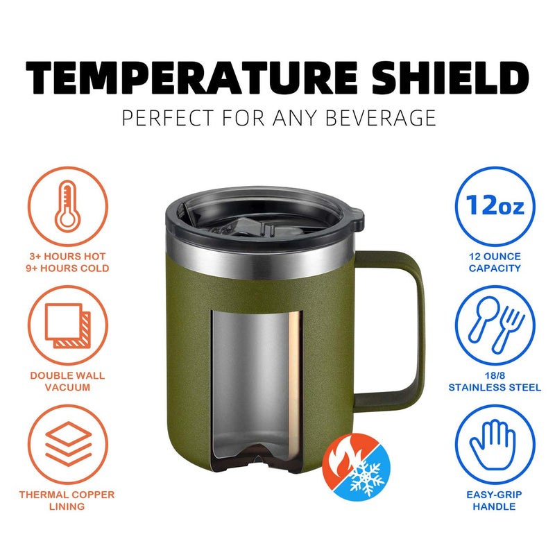 ALOUFEA 12oz Stainless Steel Insulated Coffee Mug with Handle, Double Wall Vacuum Travel Mug, Tumbler Cup with Sliding Lid, Army Green - Image 5